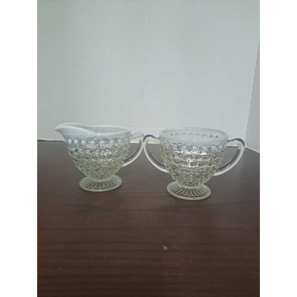 1940s Anchor Hocking Opalescent Hobnail Open Sugar Bowl And Creamer